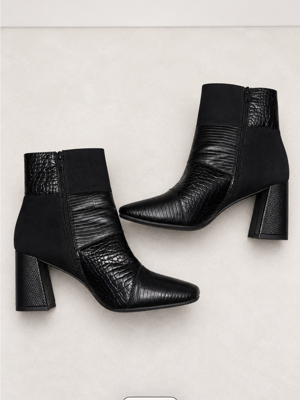 Black Croc-Texture Square-Toe Ankle Boots